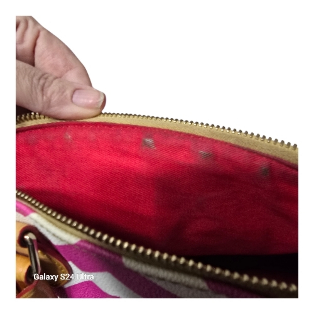 Dooney And Bourke Pink And White Chevron Satchel With Leather Trim - Picture 8 of 16